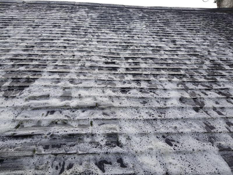Once all the moss has been removed and Gutters Cleared, we then Treat the roof using our Soft wash pump to apply a Biocidal treatment. This treatment will Break down the Biological growth and it will weather away over the next few months. We will add a follow up photo in 12months time when we return to check all is clean and all Gutters are clear.    contact us for your free quote!: Swipe To View More Images